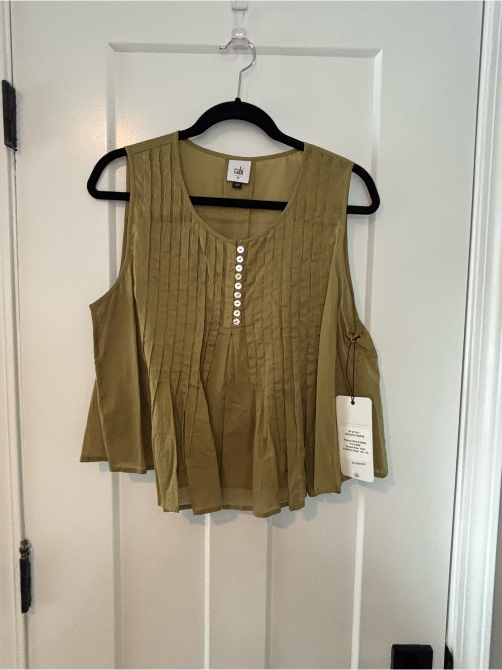 CAbi Olive Green Sleeveless Pintuck Button Front Top med 6992